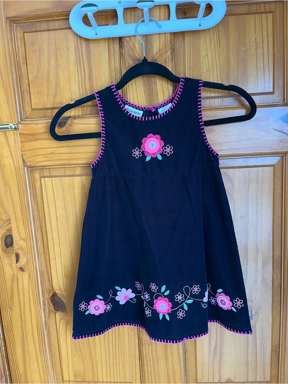 Blueberi Boulevard Black Corduroy Girls Dress with Hot Pink Stitching